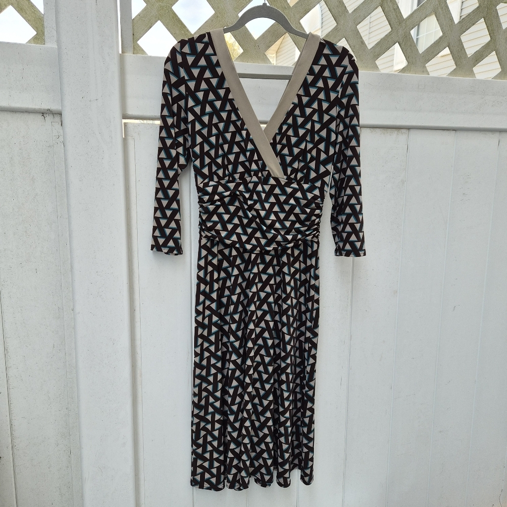 Sandra Darren Geometric Faux Wrap Dress - Ruched Waist - Blue & Brown - Size 12